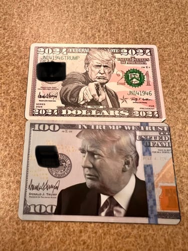 Customer photo review of Trump 2024 Dollar Bill Credit Card Skin Decal