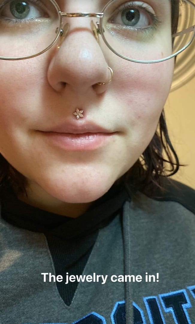 Customer photo review of 14K Gold Double Flower Internally Threaded Labret Piercing 18G16G