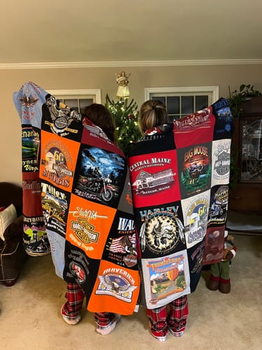 T-shirt quilt with motorcycles, travel themes by Rhonda from VA