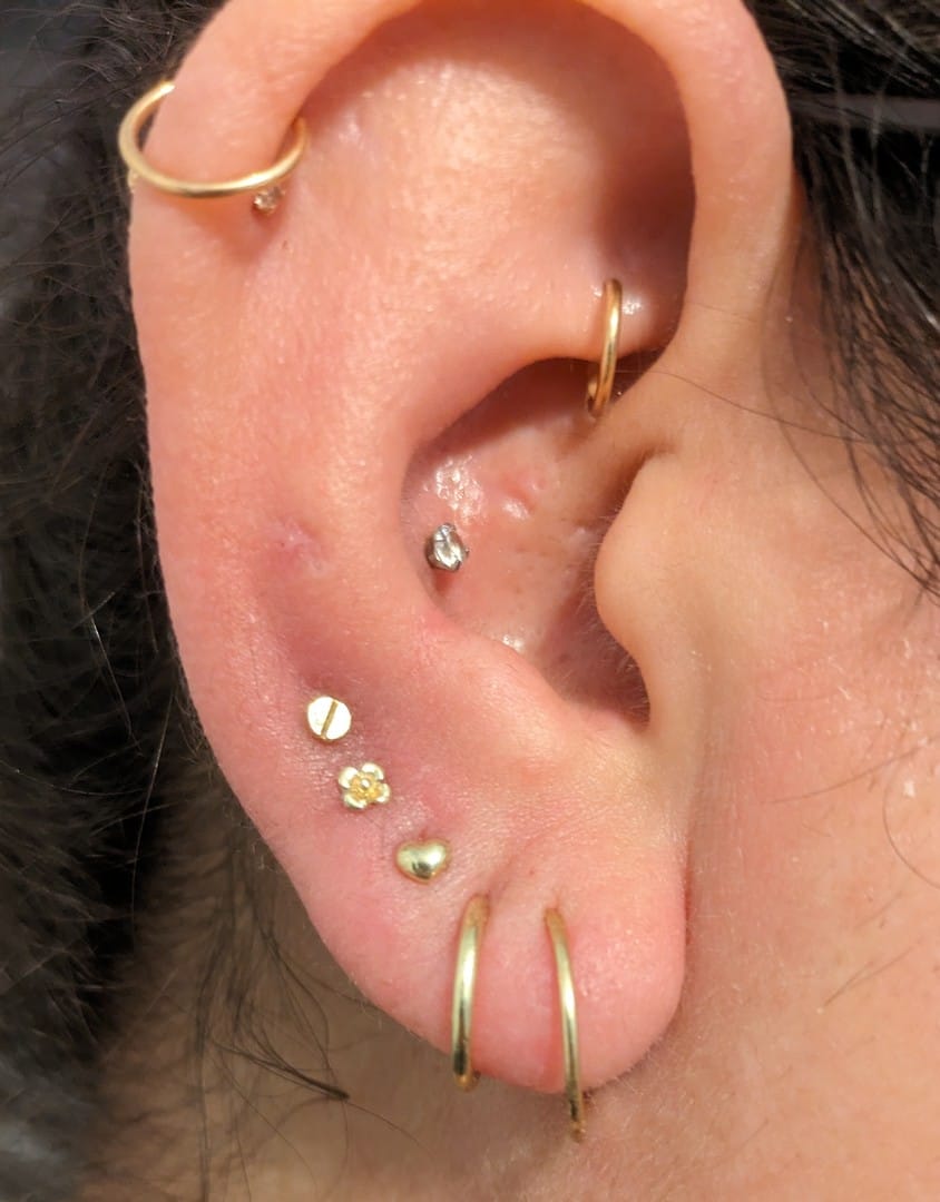 Customer photo review of 14K Gold Minimi Bean Heart Internally Threaded Labret Piercing 18G16G