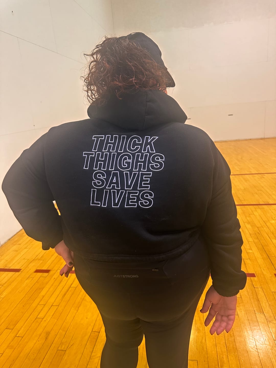 Customer photo review of (NEW) THICK THIGHS SAVE LIVES Crop Hoodie - Satin Hood