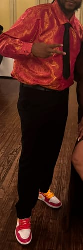 Customer photo review of DeepPink Golden Paisley Silk Men's Long Sleeve Shirt