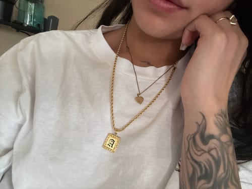 Customer photo review of 20mm Maile Heirloom Initial Plate Necklace