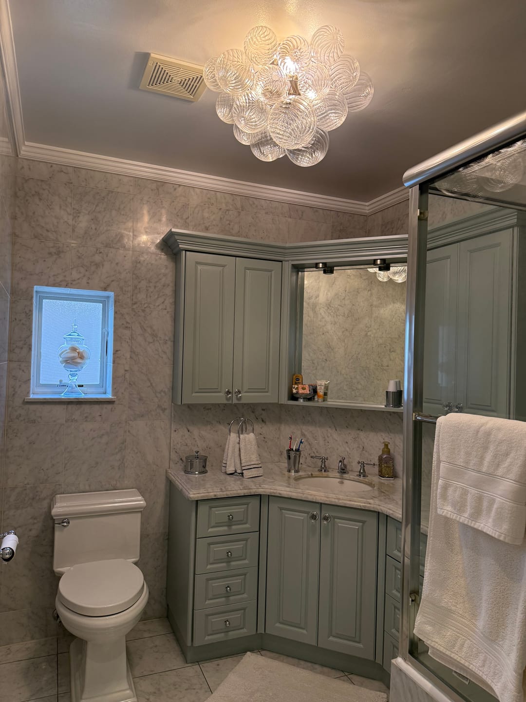 Customer photo review of 3-Light Cluster Ribbed Glass Bubble Semi Flush Chandelier