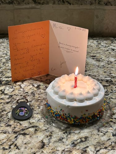 Customer photo review of Sobriety Mint Genuine Leather 34mm AA Medallion Keychain Holder - Recovery Chip/Coin/Token Holder - Dark Brown