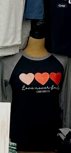 Customer photo review of Love Never Fails Valentines DTF Transfer