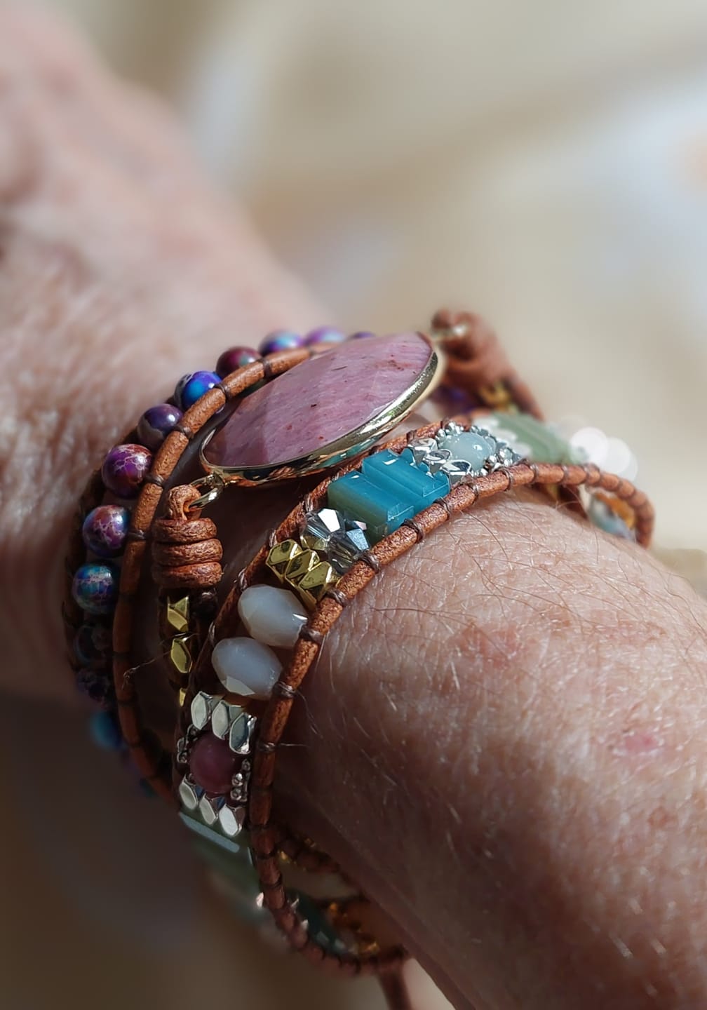 Customer photo review of Natural Rhodonite & Jasper Wrap Bracelet