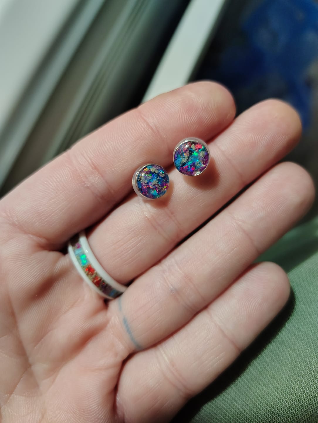 Customer photo review of Opal Stud Earrings with Infused Cremation Ash