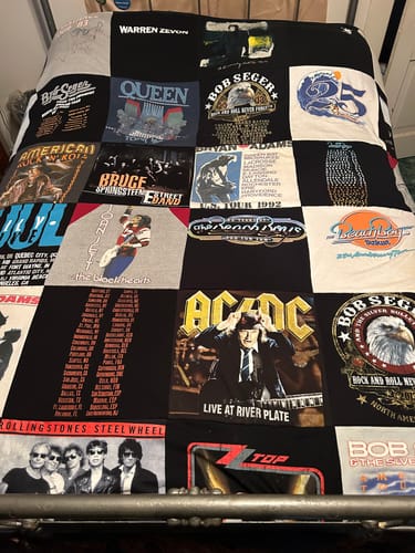 T-shirt quilt with music, concerts themes by Larita from IN