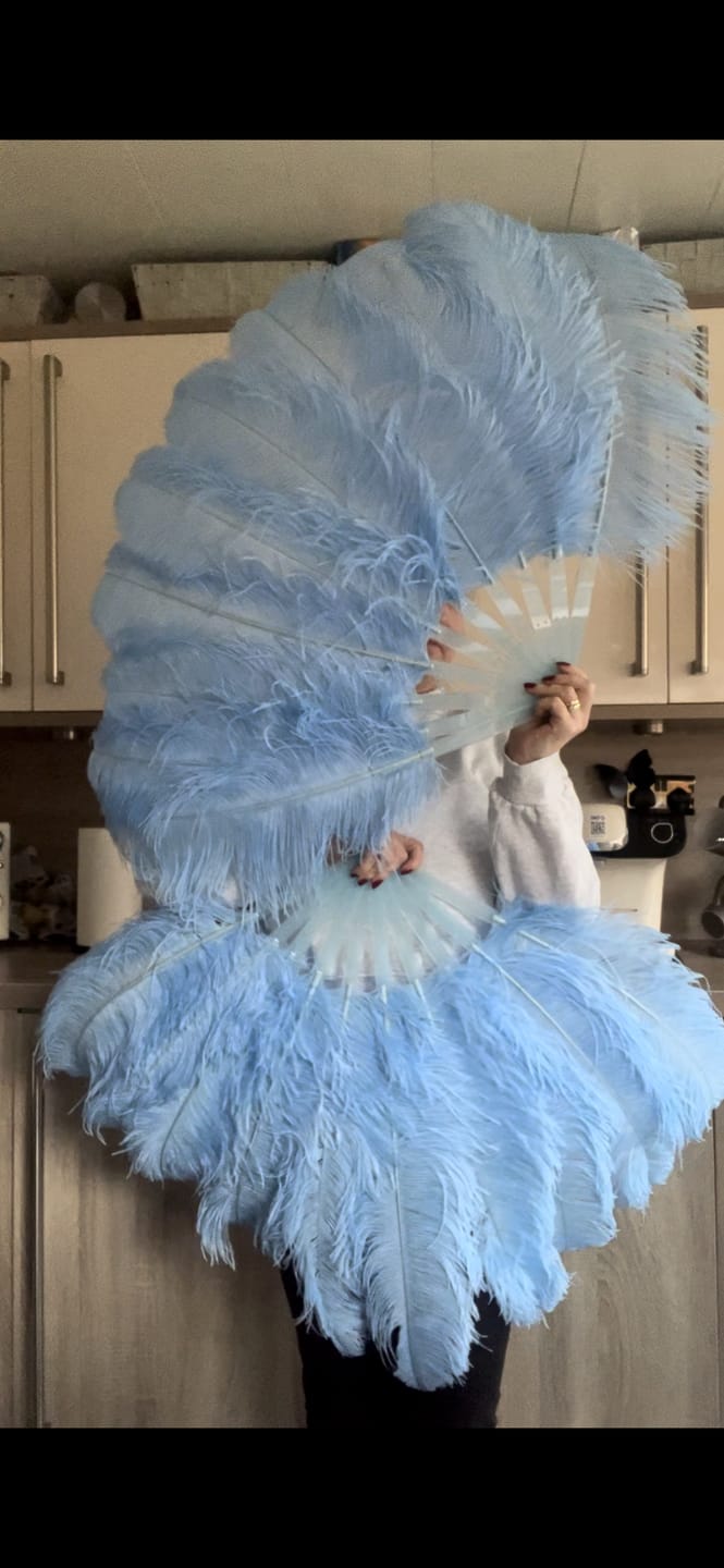 Customer photo review of A pair Sky blue Beginner’s Ostrich Feather Fan