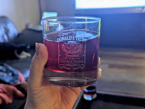 Customer photo review of Donald J. Trump NO. 47 Whiskey Glass - Laser Engraved - Made in the USA - Set of 4