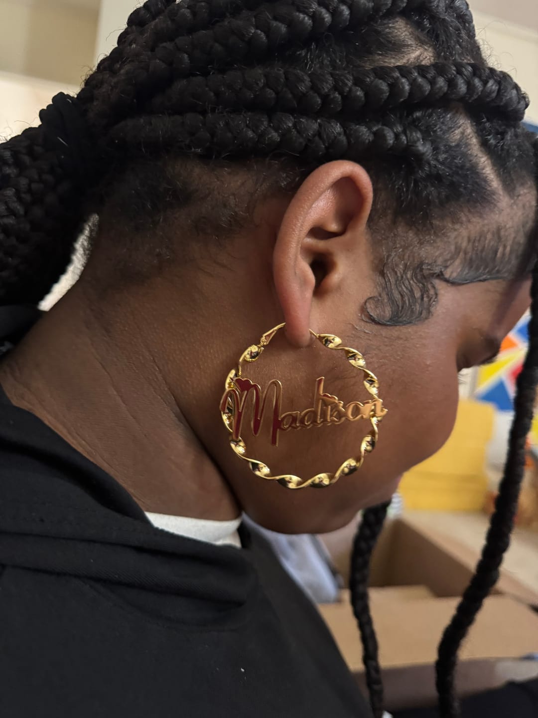 Customer photo review of Name Twirl Hoop Earrings