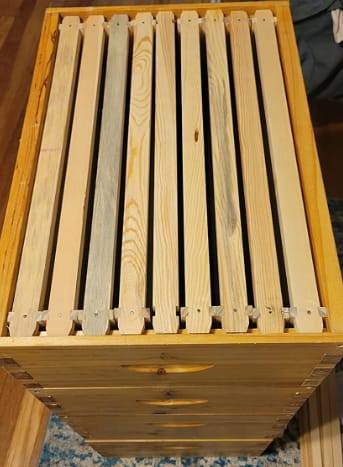 Customer photo review of MayBee Hives Beeswax Coated 8 Frame 4 Layer Langstroth Beehive Include 2 Deep Brood Boxes With Black Foundation And 2 Honey Medium Super Boxes with Yellow Plastic Foundation