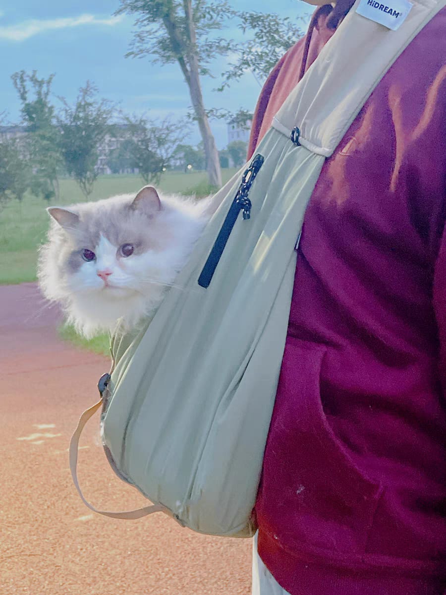 Customer photo review of Wide-Strap Cradle-Style Structured Pet Sling Carrier Bag