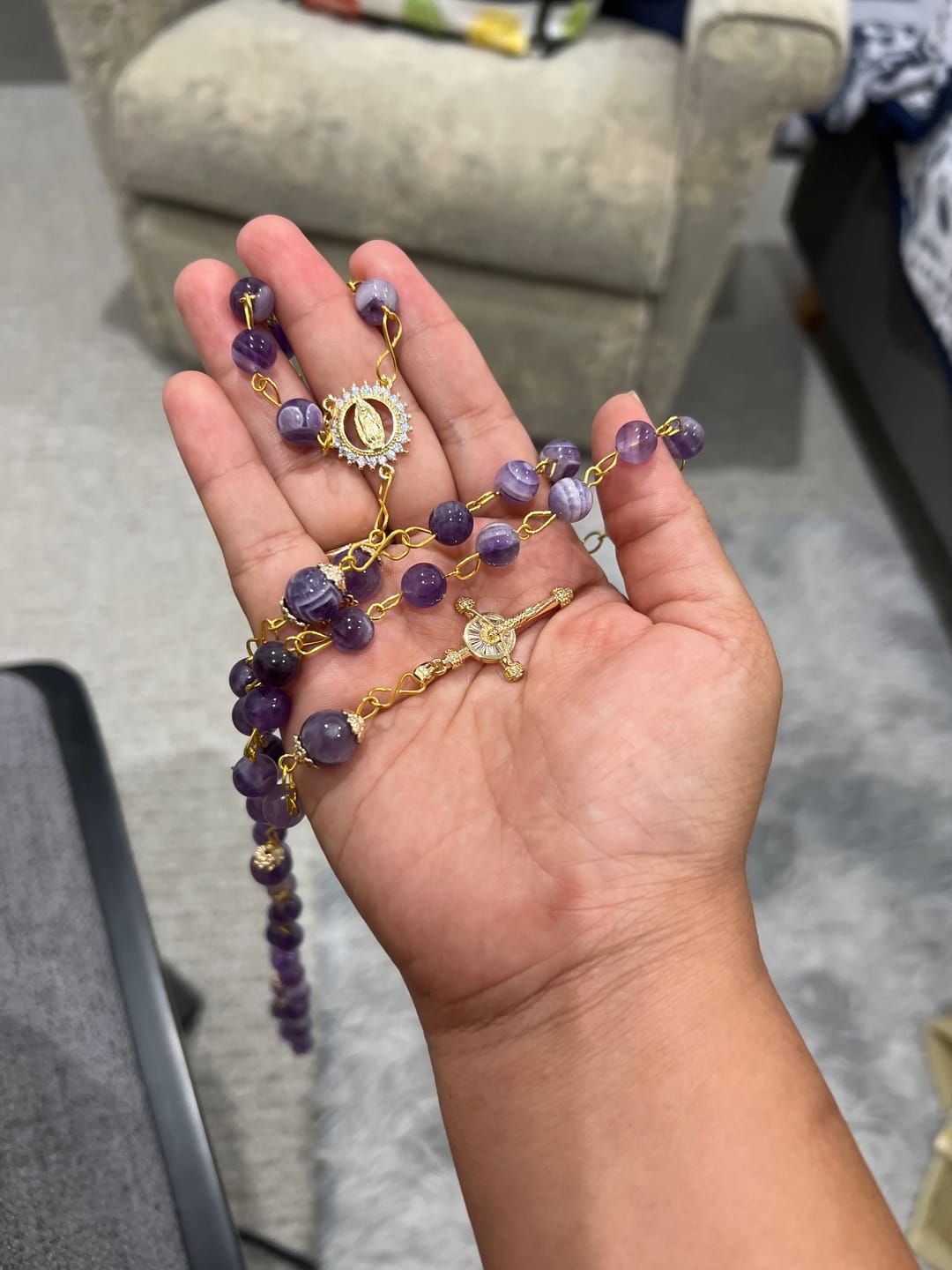 Customer photo review of Christianartworkshop Our Lady of Guadalupe & Crucifix of 8mm Round Purple Crystal Rosary