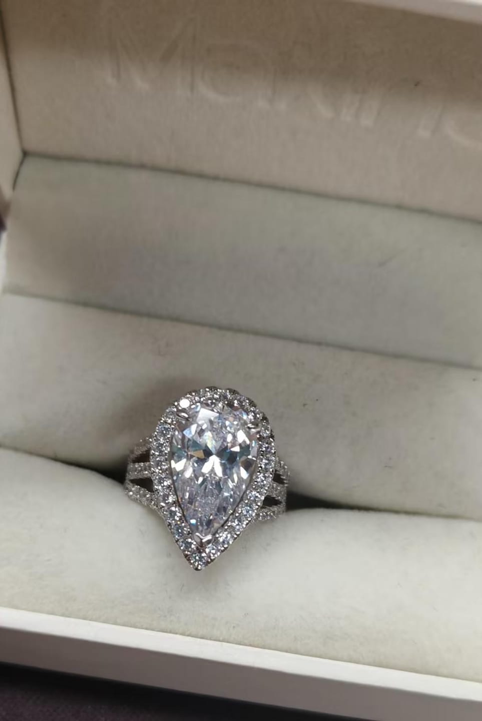 Customer photo review of Louily Vintage Split Shank Halo Pear Cut Engagement Ring In Sterling Silver