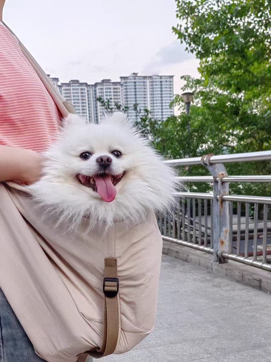 Customer photo review of Wide-Strap Cradle-Style Structured Pet Sling Carrier Bag