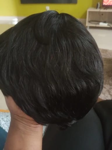 Customer photo review of Remy Human Hair Pixie Cut Wig Layered With Bangs — Deep | KIMLUD
