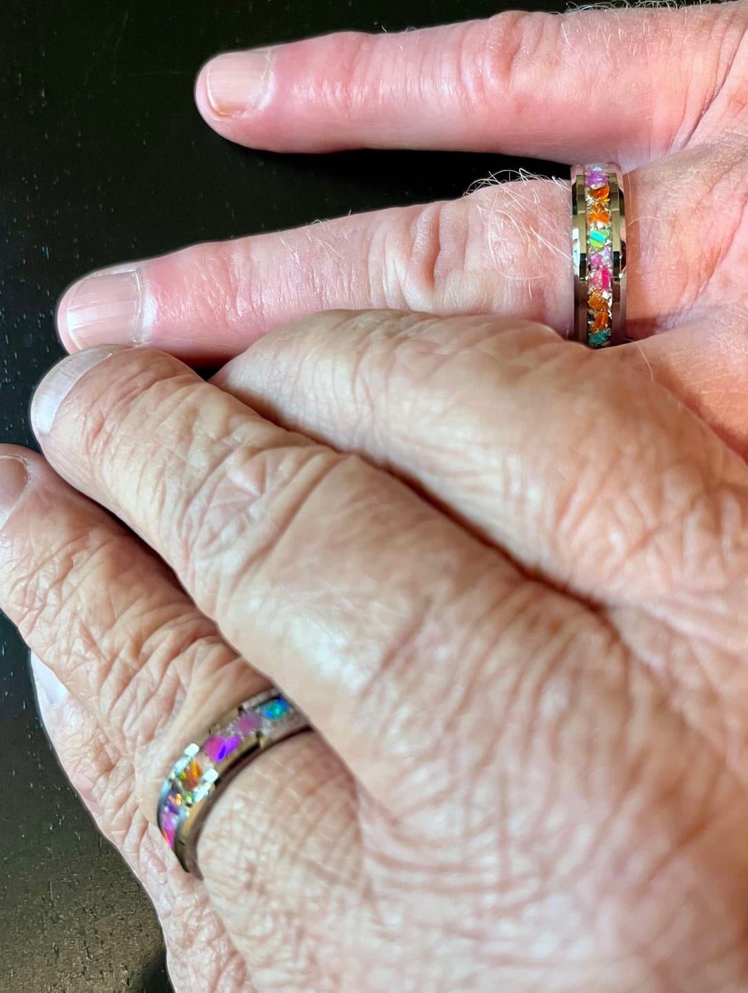 Customer photo review of Tungsten Opal Ring with Cremation Ashes