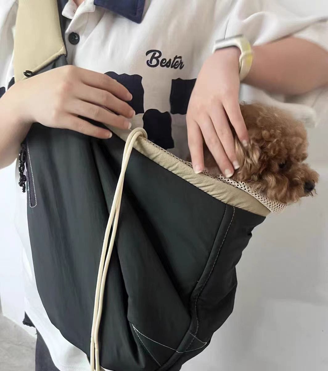 Customer photo review of Wide-Strap Cradle-Style Structured Pet Sling Carrier Bag