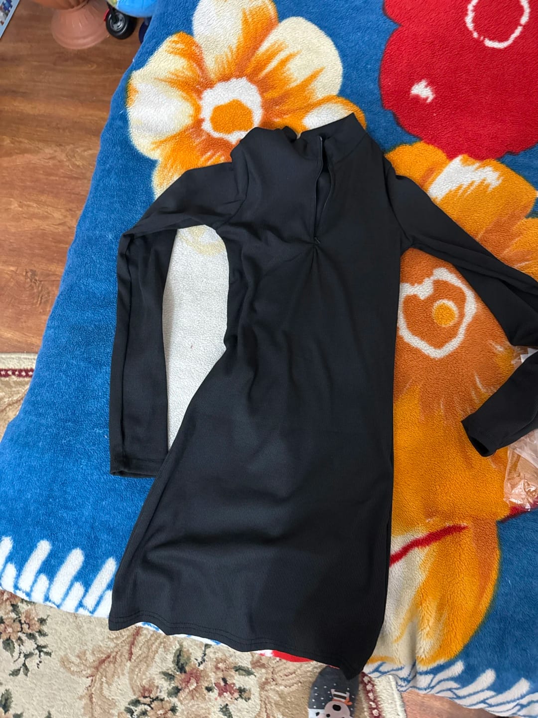 Customer photo review of Ribbed Polyester Sheath Dress Long Sleeve Bodycon Mini With Empire Waist And Sleek Seaming — Black | KIMLUD