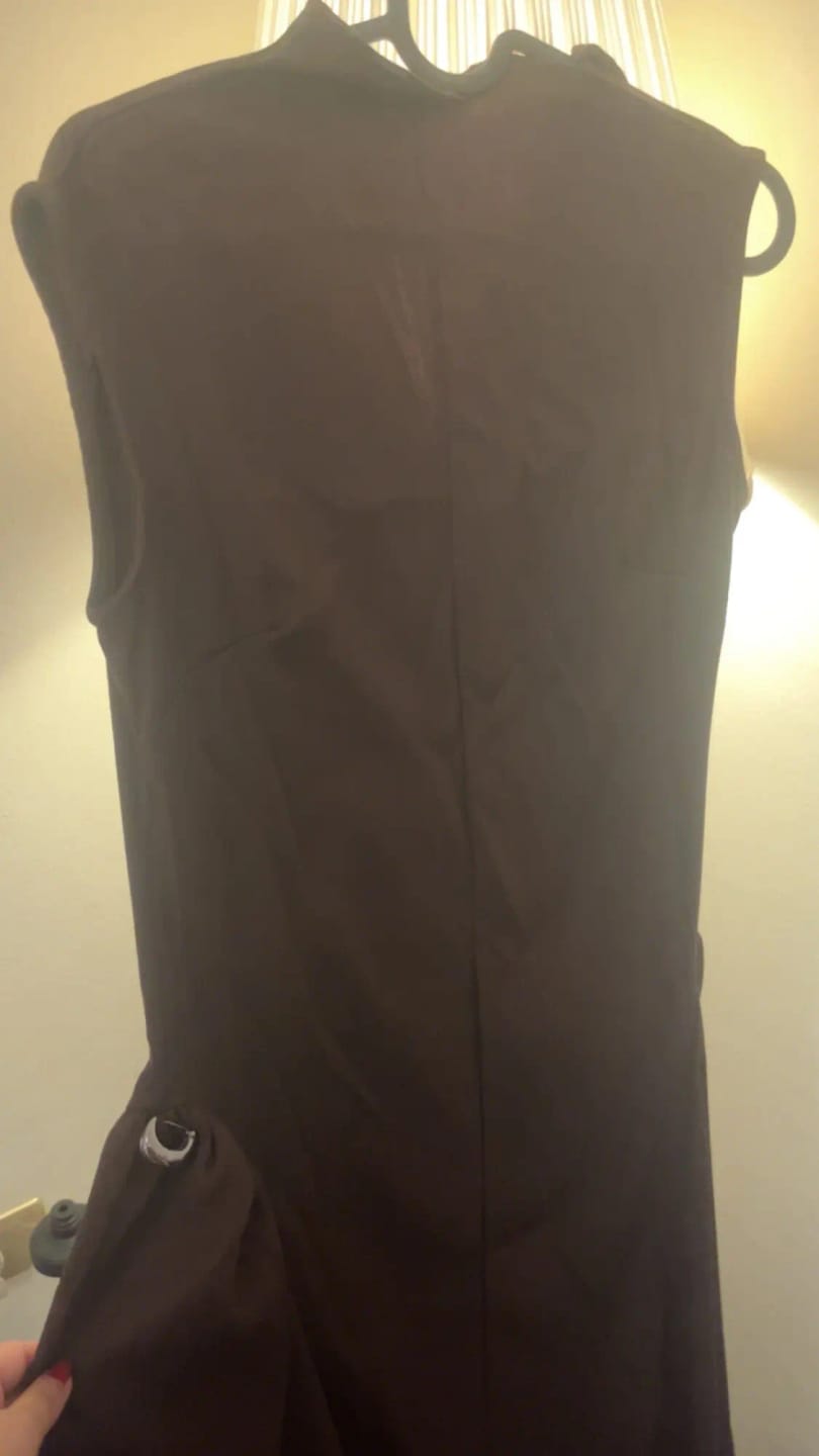 Customer photo review of Slanted Collar Pleated A-Line Maxi Dress With Elegant Architectural Pleats — Rich Chocolate Brown | KIMLUD