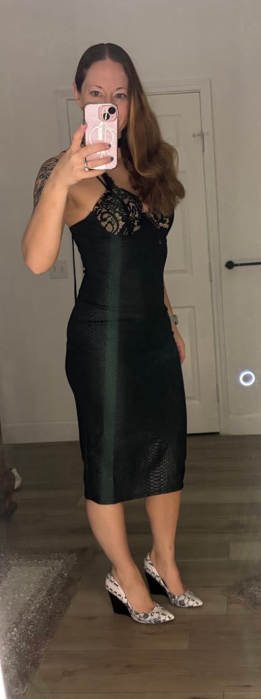 Customer photo review of Chantria Black Lace Bustier Snake Skin Print Dress