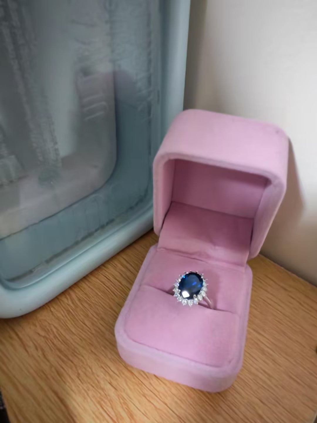 Customer photo review of 4.5 Carat Halo Oval Cut Blue/Red/Green/Yellow Sapphire Engagement Ring In Sterling Silver