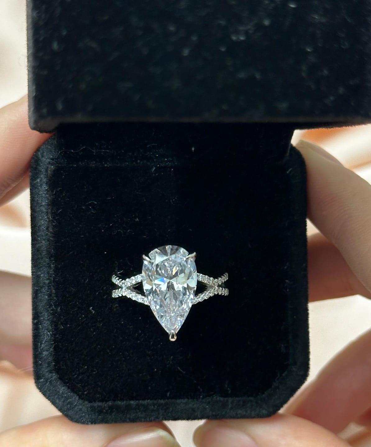 Customer photo review of Louily Split Shank Unique Pear Cut Engagement Ring In Sterling Silver