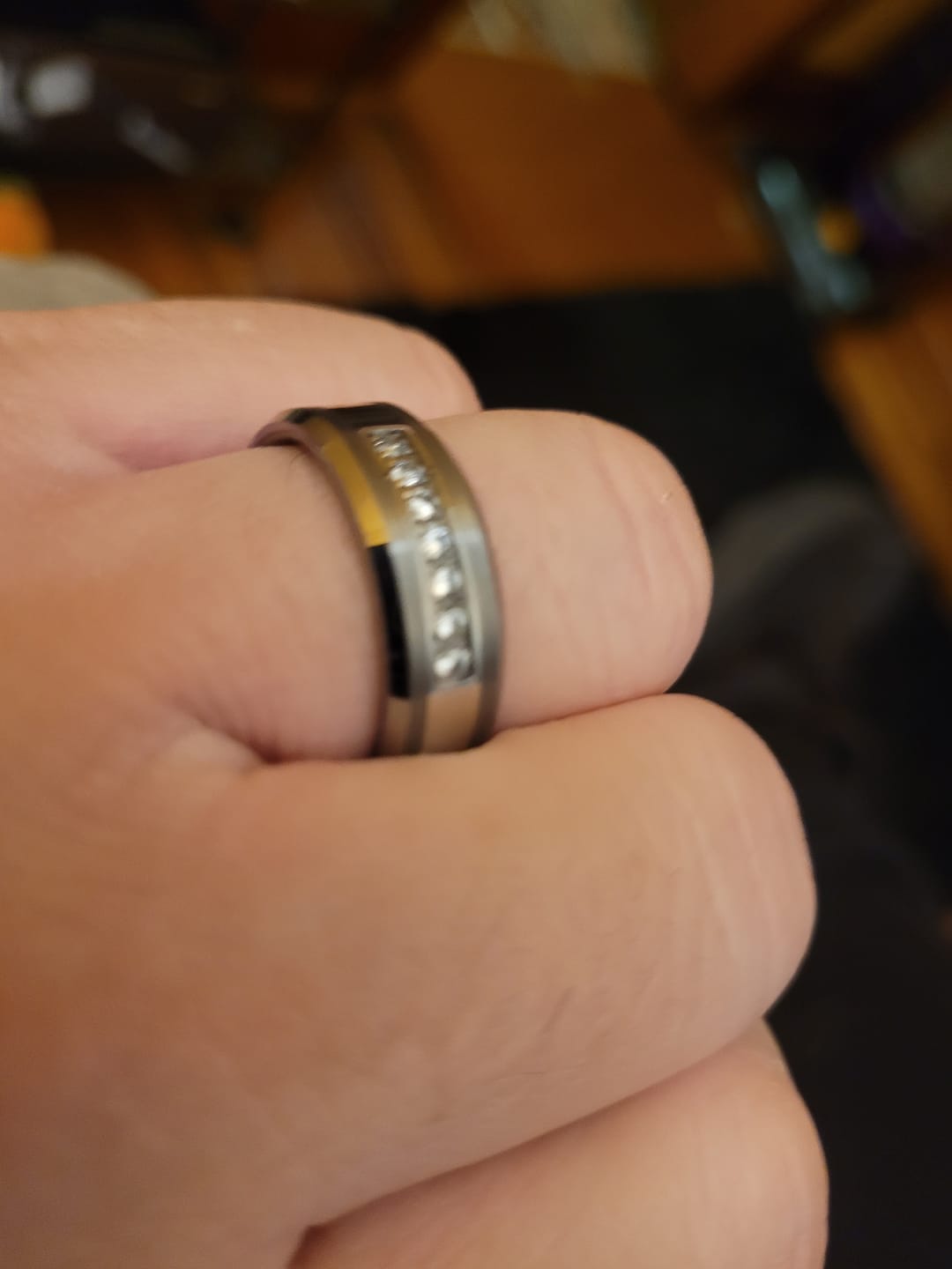 Customer photo review of 8mm - Silver Tungsten Wedding Band W/ 7 CZ Diamond Inlay High Polish