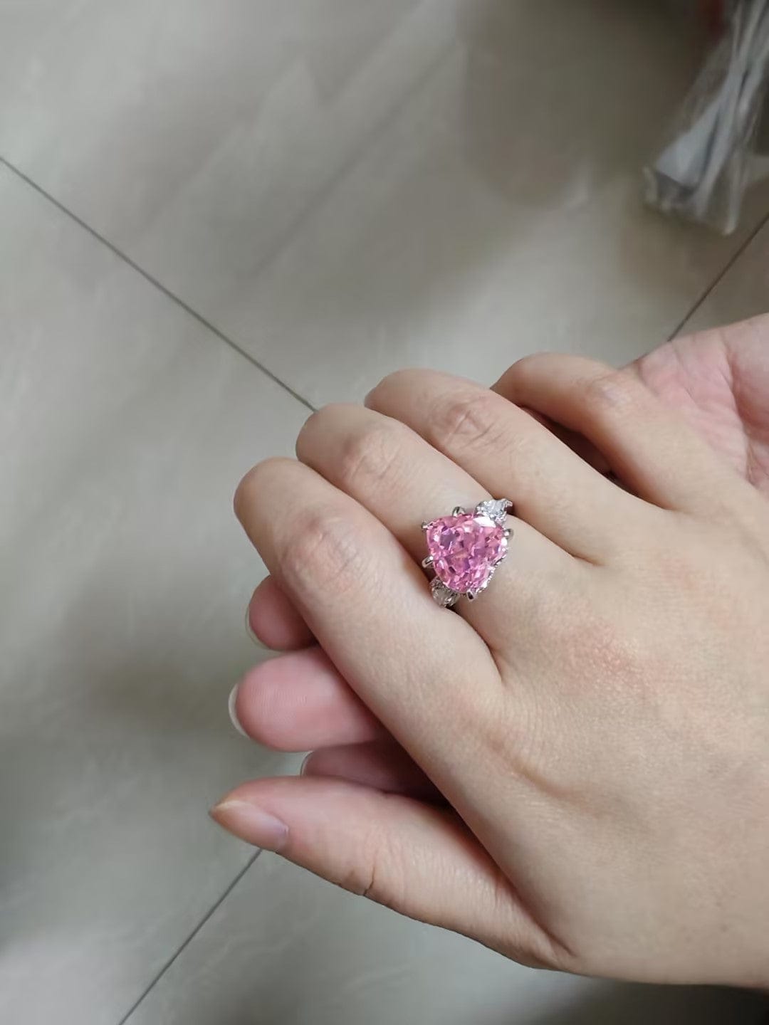 Customer photo review of S925 5.0Ct Heart Cut Royal Romantic Pink Stone Heart Cut Engagement Ring In Sterling Silver