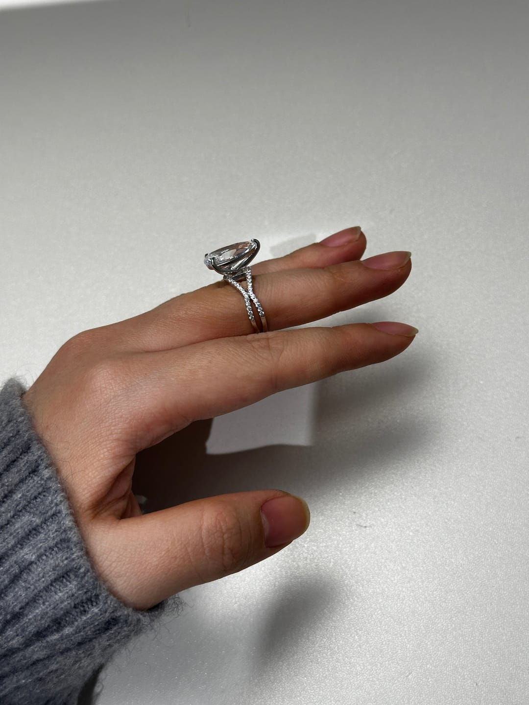 Customer photo review of Louily Split Shank Unique Pear Cut Engagement Ring In Sterling Silver