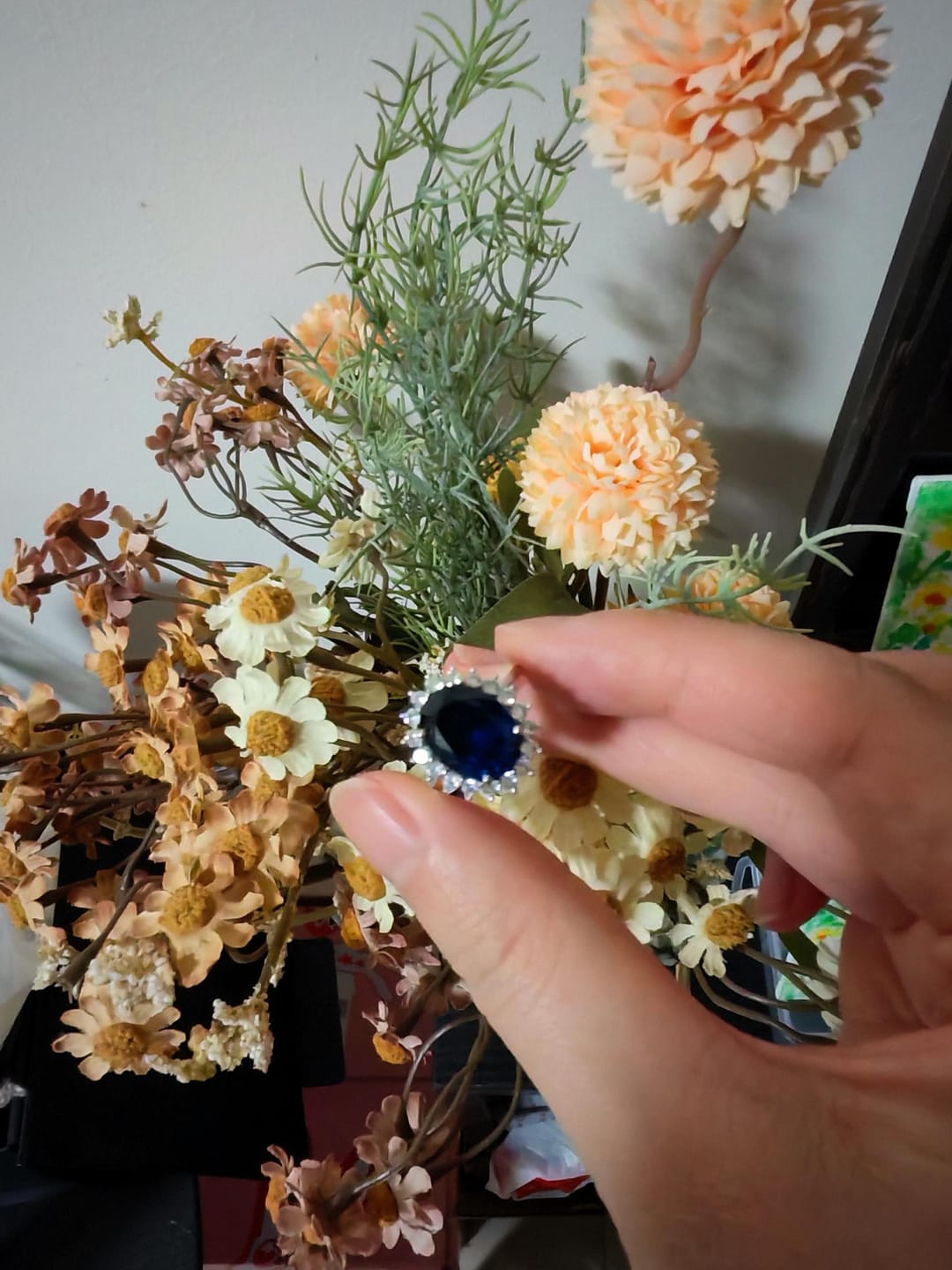 Customer photo review of 4.5 Carat Halo Oval Cut Blue/Red/Green/Yellow Sapphire Engagement Ring In Sterling Silver