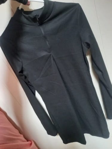 Customer photo review of Ribbed Polyester Sheath Dress Long Sleeve Bodycon Mini With Empire Waist And Sleek Seaming — Black | KIMLUD