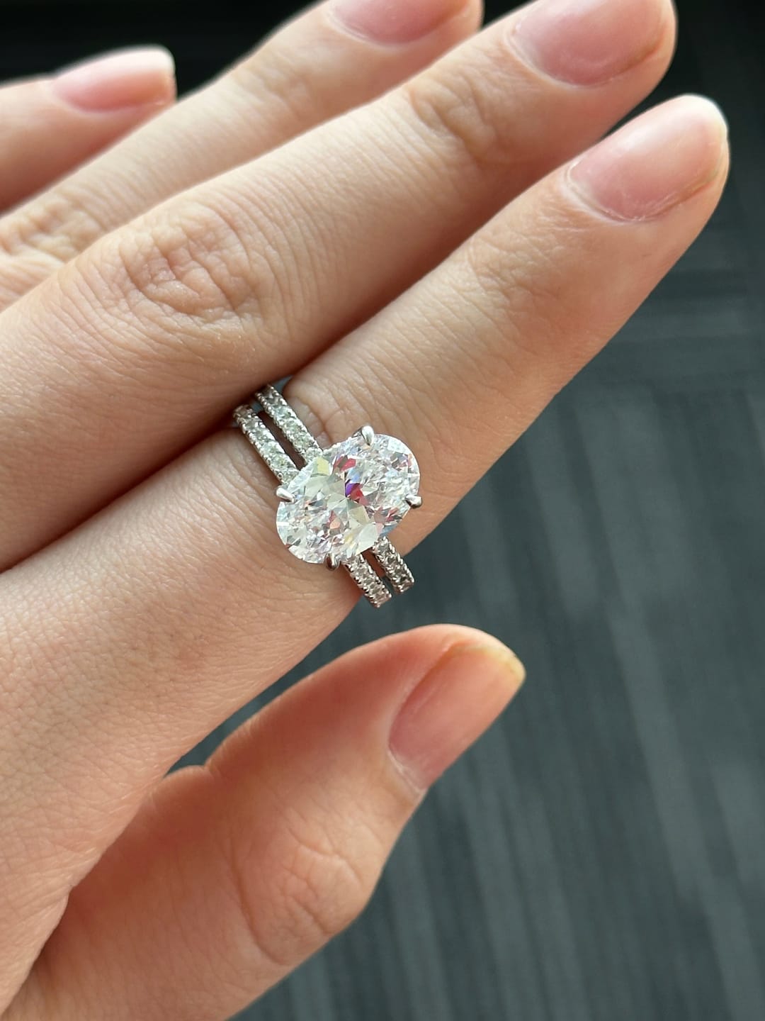 Customer photo review of S925 4.0 Carat Oval Cut Wedding Ring Set With Hidden Halo Promise Ring Classic Half Wedding Band