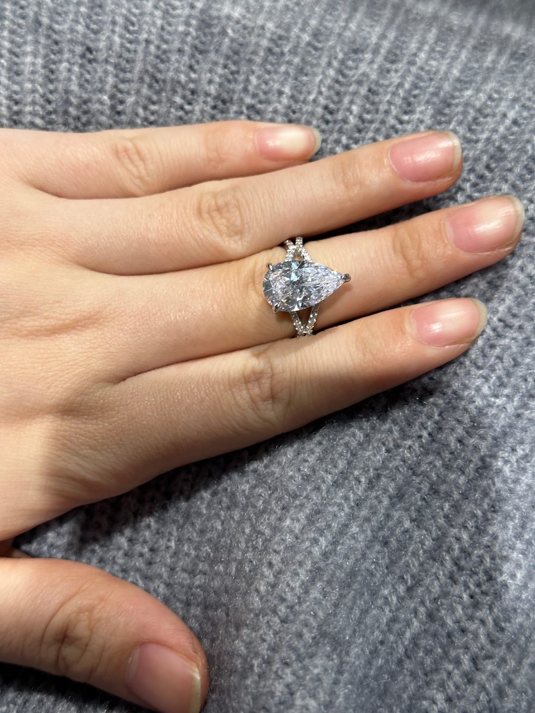 Customer photo review of Louily Split Shank Unique Pear Cut Engagement Ring In Sterling Silver