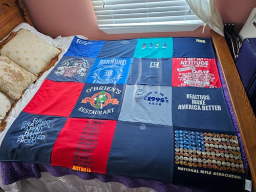 T-shirt quilt with cooking, outdoors themes by Allyson from MD