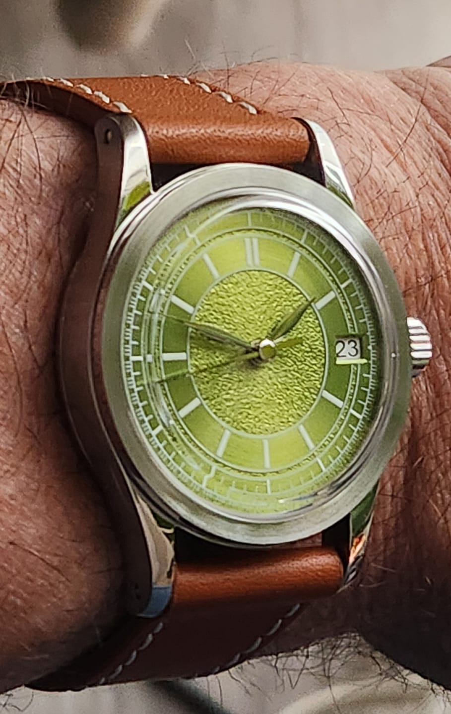 Customer photo review of HOU - 80-Hour Power Reserve Vintage Automatic Watch | Avocado Green