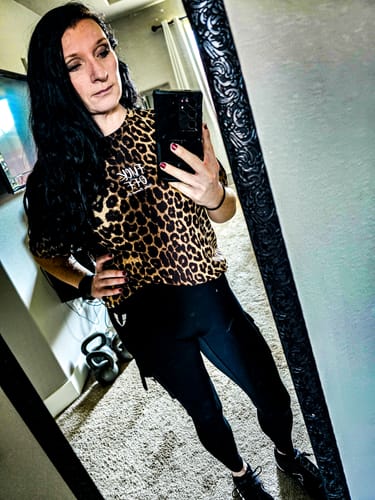 Customer photo review of Salty Savage Ladies “Fuck Off” Oversized Boyfriend Tee | Leopard/Pink