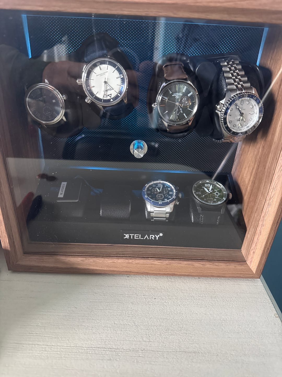 Customer photo review of Automatic Watch Winders Muti-Slots with Aurora Blue Backlight and Foam Pad