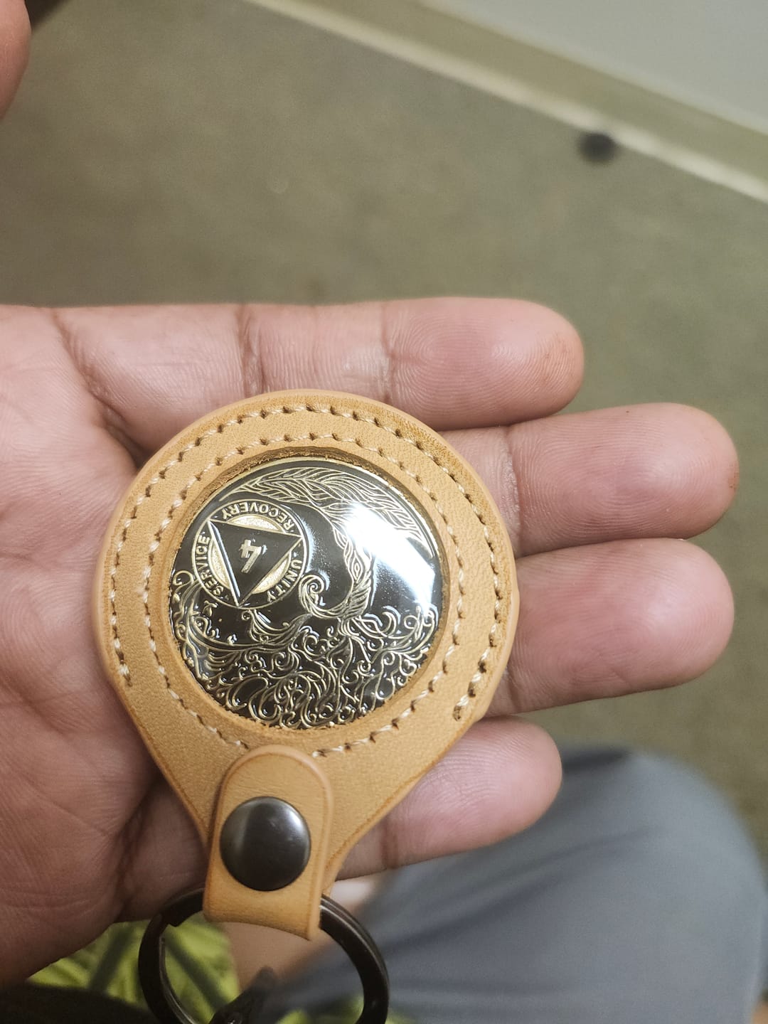 Customer photo review of Sobriety Mint Genuine Leather 34mm AA Medallion Keychain Holder - Recovery Chip/Coin/Token Holder - Tan