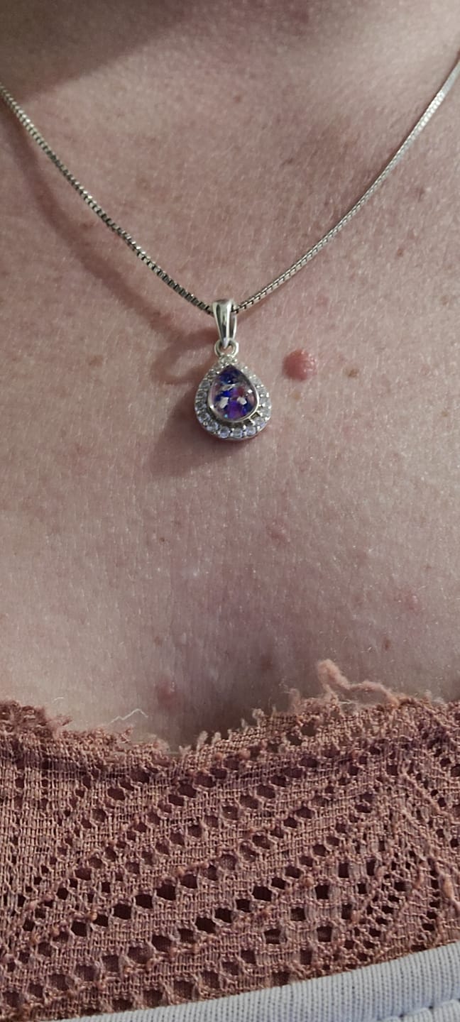 Customer photo review of Dainty Bedazzled Drop Pendant with Cremation Ashes