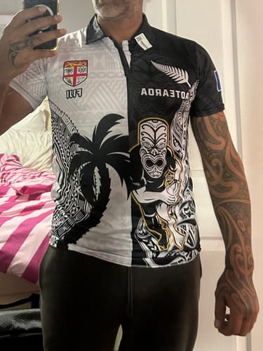 Customer photo review of Custom New Zealand Silver Fern Rugby Polo Shirt Aotearoa Kiwi Maori White Version LT01