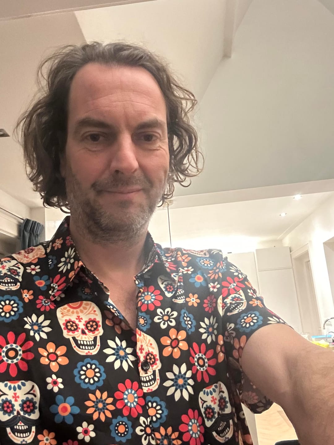 Customer photo review of Men's Sugar Skull Punk Rock Holiday Cool Beach Short Sleeve Summer Shirt