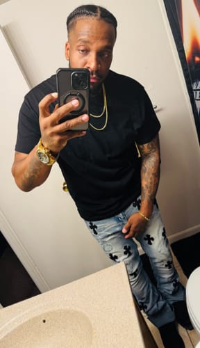 Customer photo review of Crossed Patched Super Stacked Denim (Blue Wash)