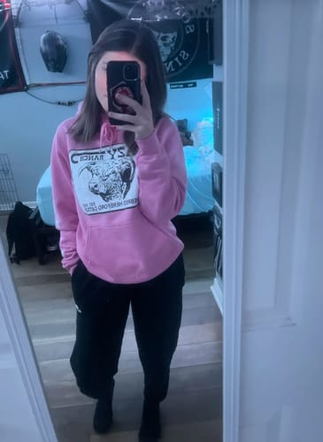 Customer photo review of Lazy J Ranch Willow Cattle Headquarters Pullover Hoodie - Pink