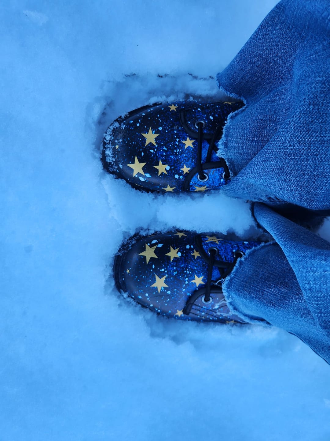 Customer photo review of Yellow Stars on Blue Galaxy Print Vegan Leather Combat Boots