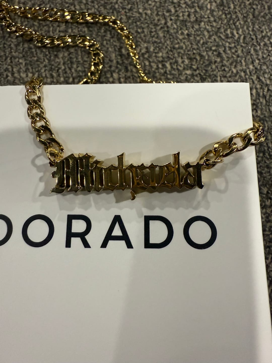 Customer photo review of Thick Gothic Nameplate Necklace w/ Cuban Chain