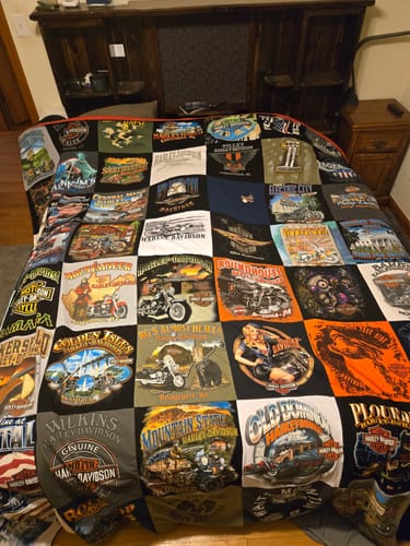T-shirt quilt with motorcycles, travel themes by Steven from WV