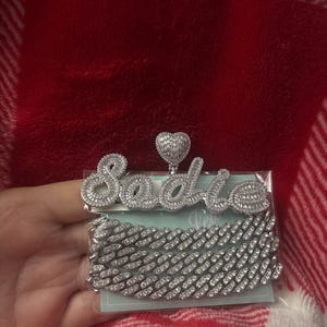 Customer photo review of ICED HEART CUSTOM CURSIVE NAME BAGUETTE NECKLACE